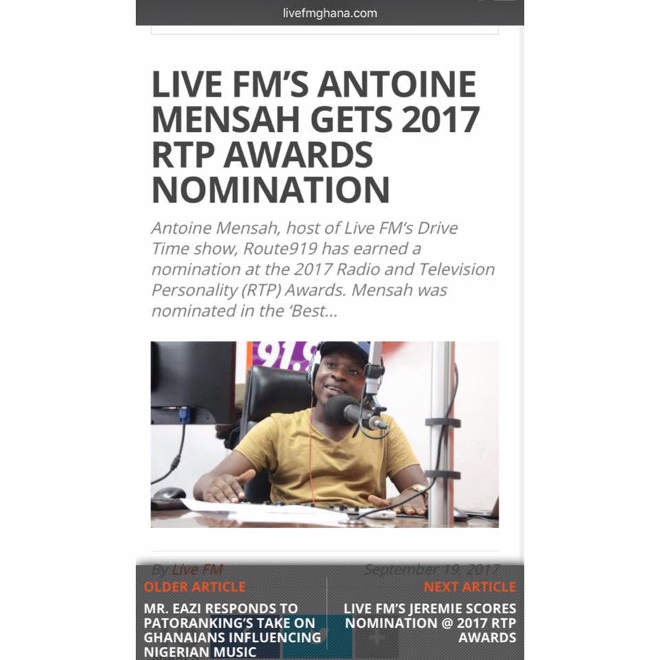 Live FM Ghana — Antoine Mensah gets 2017 RTP Awards nomination